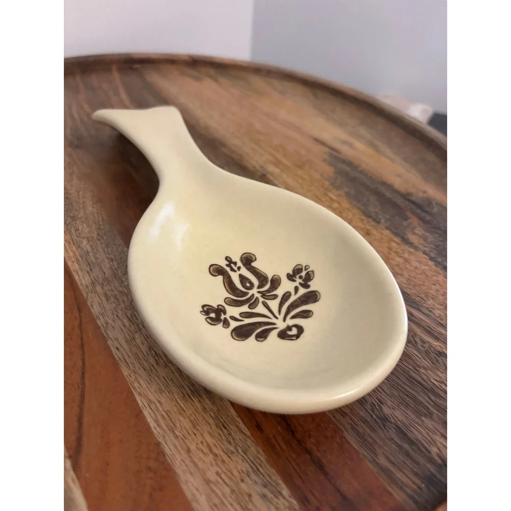 Pfaltzgraff Village Spoon Rest Stoneware Cream Brown Folk Art Floral Vintage